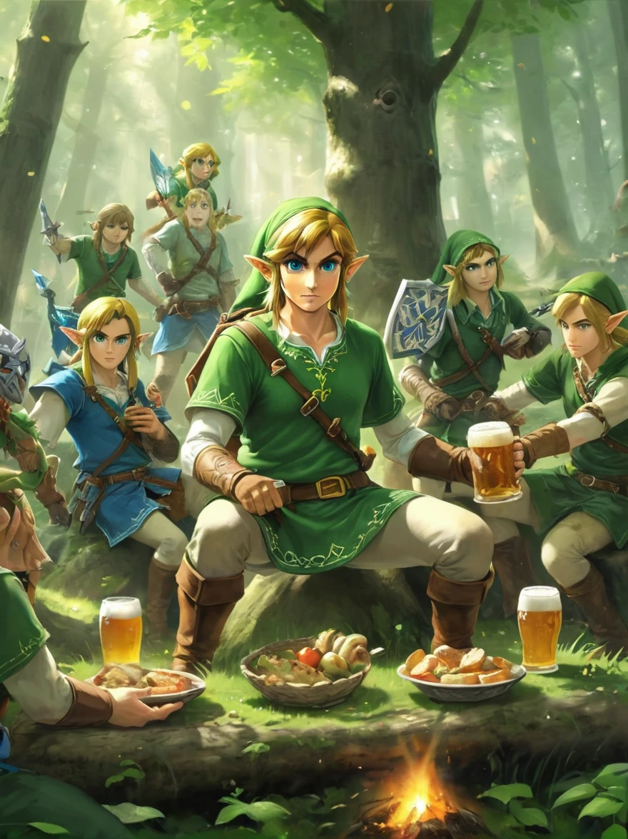 Still image in realistic art style，(link:1.5)，The Triforce of the Gods, The Legend of Zelda Characters，link手捧天空之剑，Gathering in an ancient forest，There is food and drinks and beer，Celebrate St. Patrick&#39;s Day，(Shamrock)，Perfect hands，Shooting from above，at night，Shallow depth of field，Vignette，Highly detailed，High Budget，Bokeh，Widescreen，epic，gorgeous，Film Grain，Graininess, tphrlnk