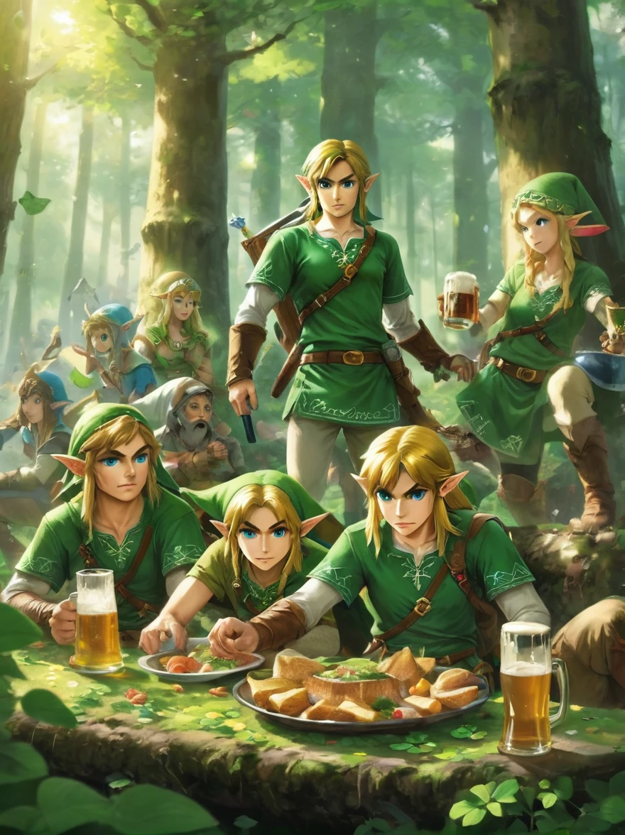 Still image in realistic art style，(link:1.5)，The Triforce of the Gods, The Legend of Zelda Characters，link手捧天空之剑，Gathering in an ancient forest，There is food and drinks and beer，Celebrate St. Patrick&#39;s Day，(Shamrock)，Perfect hands，Shooting from above，at night，Shallow depth of field，Vignette，Highly detailed，High Budget，Bokeh，Widescreen，epic，gorgeous，Film Grain，Graininess, tphrlnk