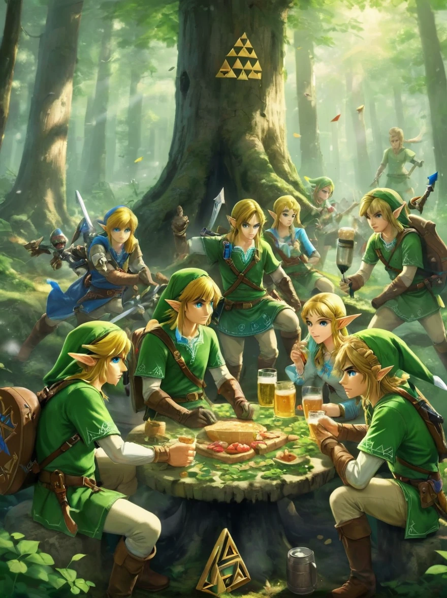 Still image in realistic art style，(link:1.5)，The Triforce of the Gods, The Legend of Zelda Characters，link手捧天空之剑，Gathering in an ancient forest，There is food and drinks and beer，Celebrate St. Patrick&#39;s Day，(Shamrock)，Perfect hands，Shooting from above，at night，Shallow depth of field，Vignette，Highly detailed，High Budget，Bokeh，Widescreen，epic，gorgeous，Film Grain，Graininess, tphrlnk