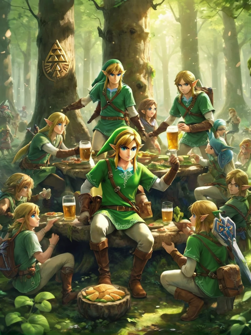 Still image in realistic art style，(link:1.5)，The Triforce of the Gods, The Legend of Zelda Characters，link手捧天空之剑，Gathering in an ancient forest，There is food and drinks and beer，Celebrate St. Patrick&#39;s Day，(Shamrock)，Perfect hands，Shooting from above，at night，Shallow depth of field，Vignette，Highly detailed，High Budget，Bokeh，Widescreen，epic，gorgeous，Film Grain，Graininess, tphrlnk