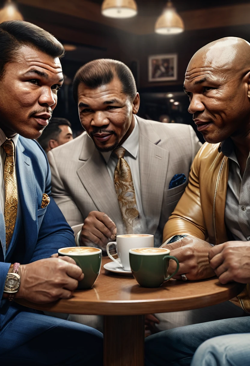 a detailed portrait of Mr Muhammad Ali, Mr Sugar Ray Robinson, Mr Joe Louis, Mr Mike Tyson, Mr Floyd Mayweather, Mr Manny Pacquiao sitting together drinking coffee happily, extremely detailed, high quality, realistic, photorealistic, 8k, hyper detailed, ultra-detailed, cinematic lighting, dramatic atmosphere, warm color tones, detailed facial features, intricate clothing textures, natural skin tones, masterpiece