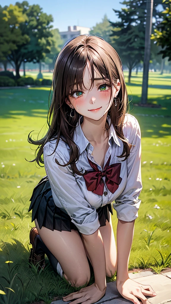 (masterpiece:1.2, top-quality), (realistic, photorealistic:1.4), beautiful illustration, (natural side lighting, movie lighting), 
looking at viewer, cowboy shot, front view:0.6, 1 girl, japanese, high school girl, perfect face, cute and symmetrical face, shiny skin, 
(long hair:1.8, straight hair:1.7, light brown hair), parted bangs, emerald green eyes, long eye lasher, (large breasts:0.9, thick thighs), 
beautiful hair, beautiful face, beautiful detailed eyes, beautiful clavicle, beautiful body, beautiful chest, beautiful thigh, beautiful legs, beautiful fingers, 
((, white collared shirts, black pleated mini skirt, black socks, brown loafers, red bow tie)), break, hoop ring earrings, pink panties, dark blue school bag, violet cardigan, break,
(beautiful scenery), evening, riverside, walking, hands on chest, (lovely smile, upper eyes), A masterpiece, top quality, highest definition, 32K, one big dog, one beautiful woman. Platinum blonde, straight hair in one length. Slit eyes, green eyes, model like, beautiful,
shirt, mini tight skirt. On all fours in a grassy field, a dog hugs the woman's back.
Woman's face, bright red, flushed,One large dog on all fours, a girl, on all fours in a grassy meadow, the dog is holding the woman from behind, close to her waist, and mating with her.
In the grass of a meadow, a girl is on all fours, being held from behind by a large dog, holding her by the waist.
Her face is bright red, her eyes are closed, her mouth is open, and she is crying.
The skirt is very short.