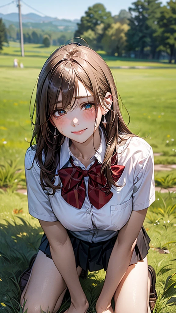 (masterpiece:1.2, top-quality), (realistic, photorealistic:1.4), beautiful illustration, (natural side lighting, movie lighting), 
looking at viewer, cowboy shot, front view:0.6, 1 girl, japanese, high school girl, perfect face, cute and symmetrical face, shiny skin, 
(long hair:1.8, straight hair:1.7, light brown hair), parted bangs, emerald green eyes, long eye lasher, (large breasts:0.9, thick thighs), 
beautiful hair, beautiful face, beautiful detailed eyes, beautiful clavicle, beautiful body, beautiful chest, beautiful thigh, beautiful legs, beautiful fingers, 
((, white collared shirts, black pleated mini skirt, black socks, brown loafers, red bow tie)), break, hoop ring earrings, pink panties, dark blue school bag, violet cardigan, break,
(beautiful scenery), evening, riverside, walking, hands on chest, (lovely smile, upper eyes), A masterpiece, top quality, highest definition, 32K, one big dog, one beautiful woman. Platinum blonde, straight hair in one length. Slit eyes, green eyes, model like, beautiful,
shirt, mini tight skirt. On all fours in a grassy field, a dog hugs the woman's back.
Woman's face, bright red, flushed,One large dog on all fours, a girl, on all fours in a grassy meadow, the dog is holding the woman from behind, close to her waist, and mating with her.
In the grass of a meadow, a girl is on all fours, being held from behind by a large dog, holding her by the waist.
Her face is bright red, her eyes are closed, her mouth is open, and she is crying.
The skirt is very short.