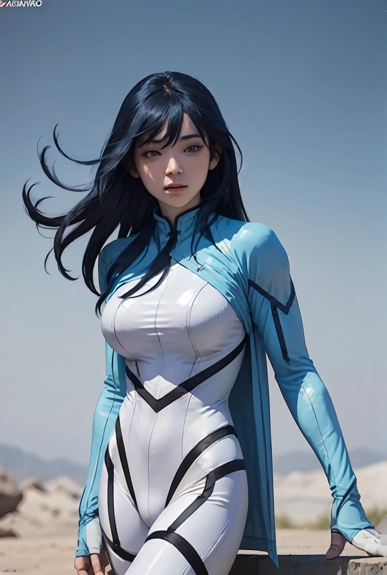 (masterpiece, best quality), 1girl,    AeroMarvel, 1girl, solo, long hair, blue eyes, large breasts, black hair, blue hair, white bodysuit,