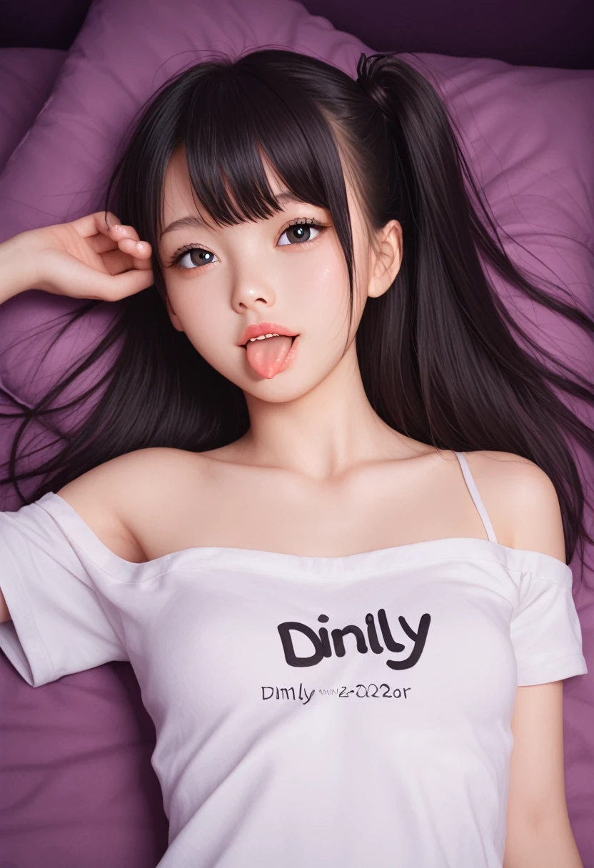 ollarbone,pastel colors t-shirt,off-shoulder look,bare shoulder,midriff peek,string panties,open mouth,(tongue out:2),lying,looking ahead,from above,front view,upper body,(1girl,Beautiful 14 year old girl),((Slender,Small breasts,Small face,)),(looking at viewer),Black Hair,bangs,one side up,Beautiful and detailed,(Dimly lit room:1.5),Simple Background,bed,pillow,best quality,Brilliant Quality