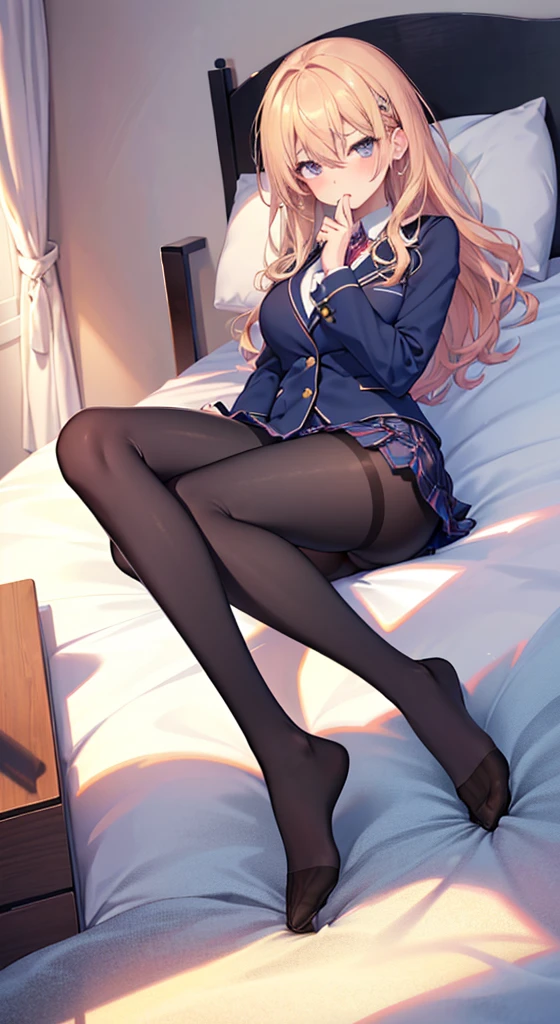 best, masterpiece, high resolution, (full body view from head to toe), composition from the front and slightly below, symmetrical composition, composition with precise balance throughout the body, 18 years old, slim and beautiful girl, alone , (medium breasts turning to large), (With big thighs and big ass), (((no shoes))),messy hair, bangs, (black stockings), (black pantyhose), (lying on bed), ( Stretched legs posture), (mouth open with pained expression), blush, big, shy eyes, looking at camera, blazer uniform, plaid pleated skirt, bedroom, interior, Fuka Kikuchi