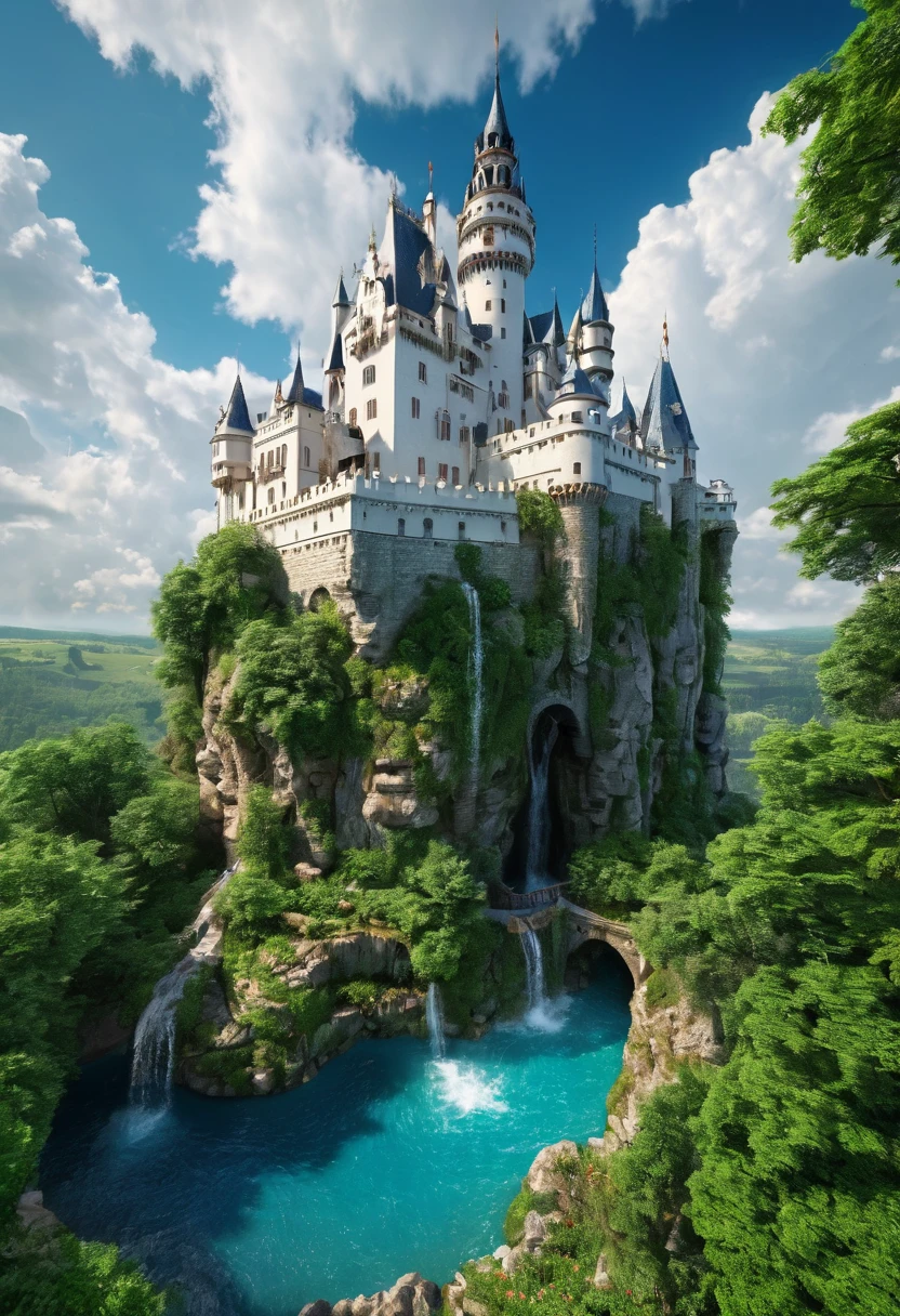 Image of a beautifull luxurious castle ,old castle and mordern architechture mix design , white colour castle , pool near castle waterfall flowing from the top of the castle into the pool , clouds everywhere near castle , trees and heavy vegitation on the top of cloud , castle on the sky on the top of the cloud