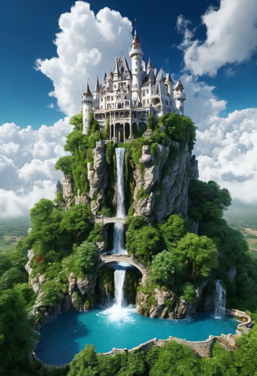 Image of a beautifull luxurious castle ,old castle and mordern architechture mix design , white colour castle , pool near castle waterfall flowing from the top of the castle into the pool , clouds everywhere near castle , trees and heavy vegitation on the top of cloud , castle on the sky on the top of the cloud