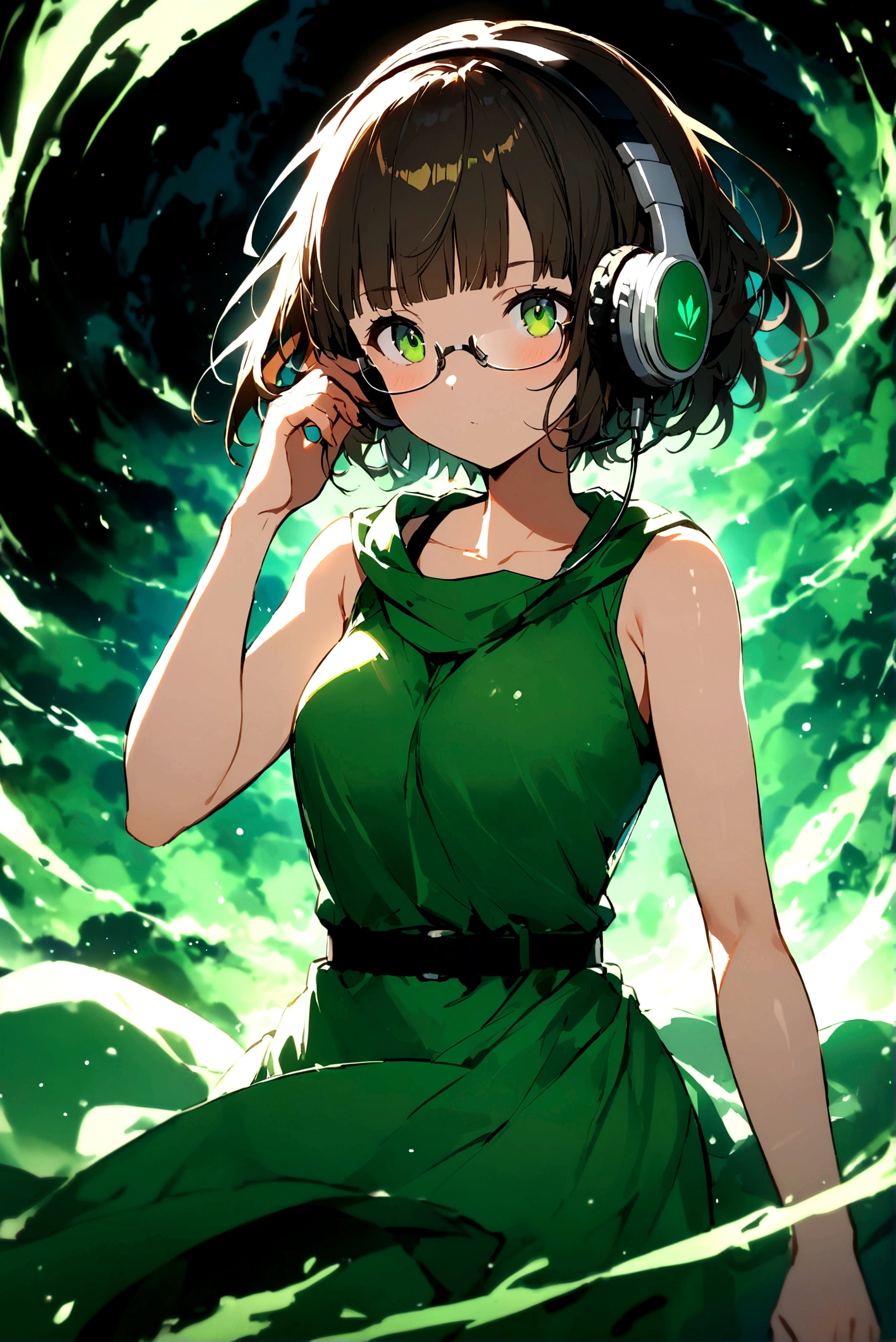 (extremely detailed fine touch:1.3), solo, (((semi-rimless eyewear:1.3))), (headphone:1.2), short hair, blunt bangs,bare arms,1 girl, green robe, standing, one hand up,
A female archmage who thrusts her hand into the sky and releases a great spell of swirling green wind, tornado, green Motion line,