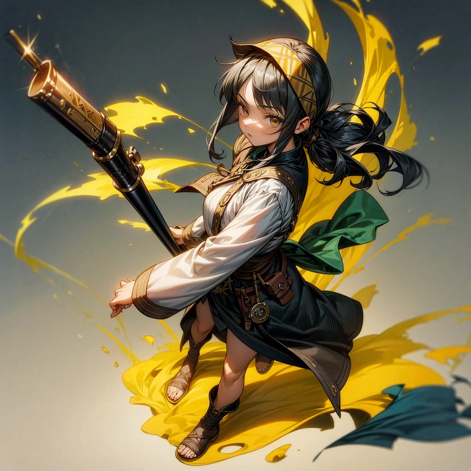 1girl, Full body version, 1character, adult version, gold eyes color, long haircut, black colour hair, bandana, medieval style clothing, shotgun in hand, Grassroots, background in town, motion blur, (Hunter x Hunter style)