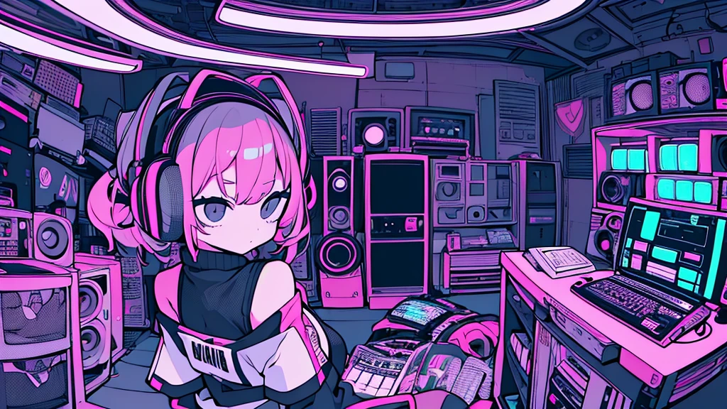 Best quality, (masterpiece), best detail face,1 girl, big breasts, 18 yo, 8k,absurdres,unity 8k wall paper,(extremely detailed:1.3), highest realistic, (retro headphones:), (soft neon light:), (psychedelic), Her room full of music equipment and records, sports wear , See the whole room , dark grey color pallet