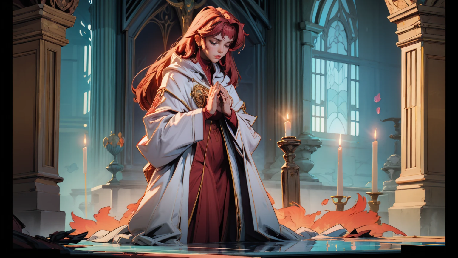 ((masterpiece,best quality)),((character design sheet)),((full body view)),mature woman, holy priestess, white cloak, pray, head bowing, holy aura, eyes closed, skindention, light tunic cloth, dinamic pose, candle light, light reflection, dark church, watercolour, BREAK red skin, demoness ,standing behind, whispering sins