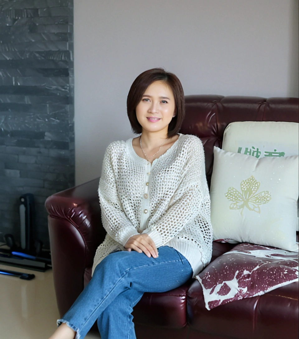 Beautiful Korean Woman , 32 inch chest size, Your eyes are big and pretty. wearing a cardigan, Casual jeans, short medium hair, Smile. necklace, sit on the sofa , uhd