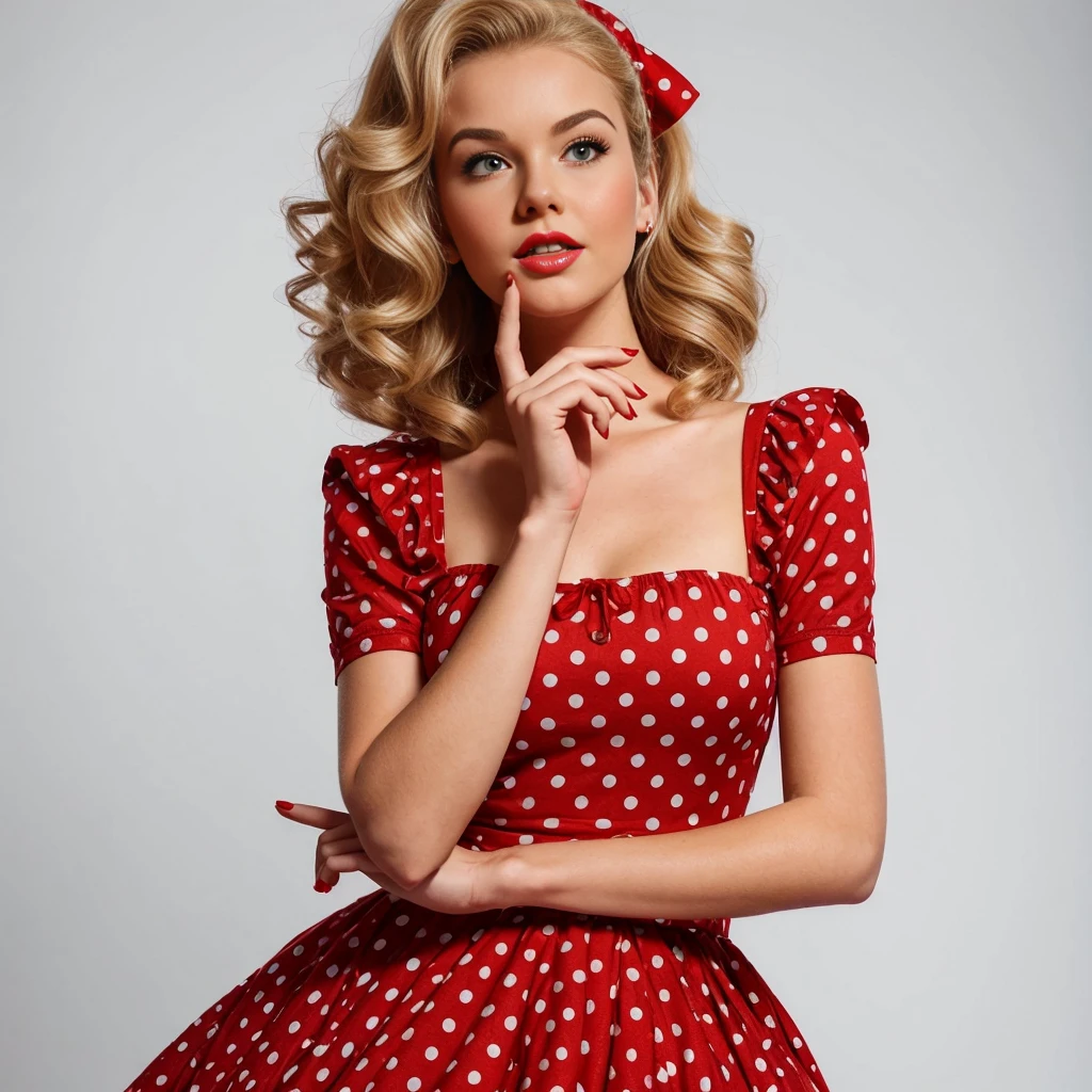 blonde pin-up girl holding hand near chin looking up thoughtfully, full length in red dress with large polka dots, wavy short pin-up hairstyle with red bandana, dynamic pose curved waist, professional shot, super realism, white background