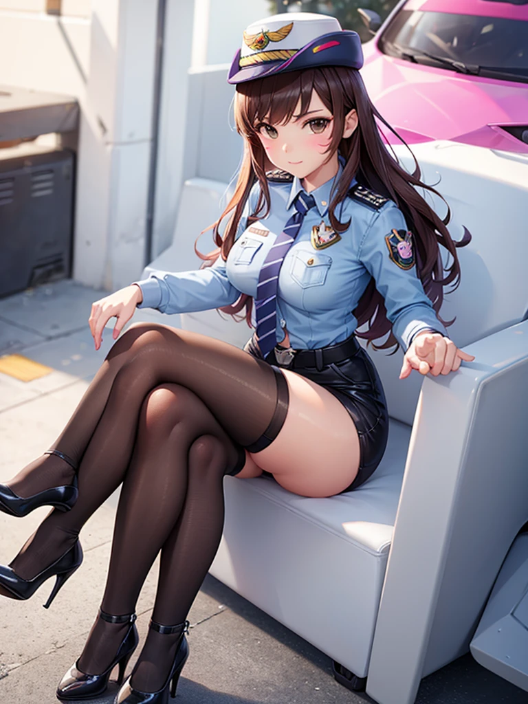 officer dva, solo girl, medium breast, wide hips, thighs, full body, high heels, sitting, crossed legs