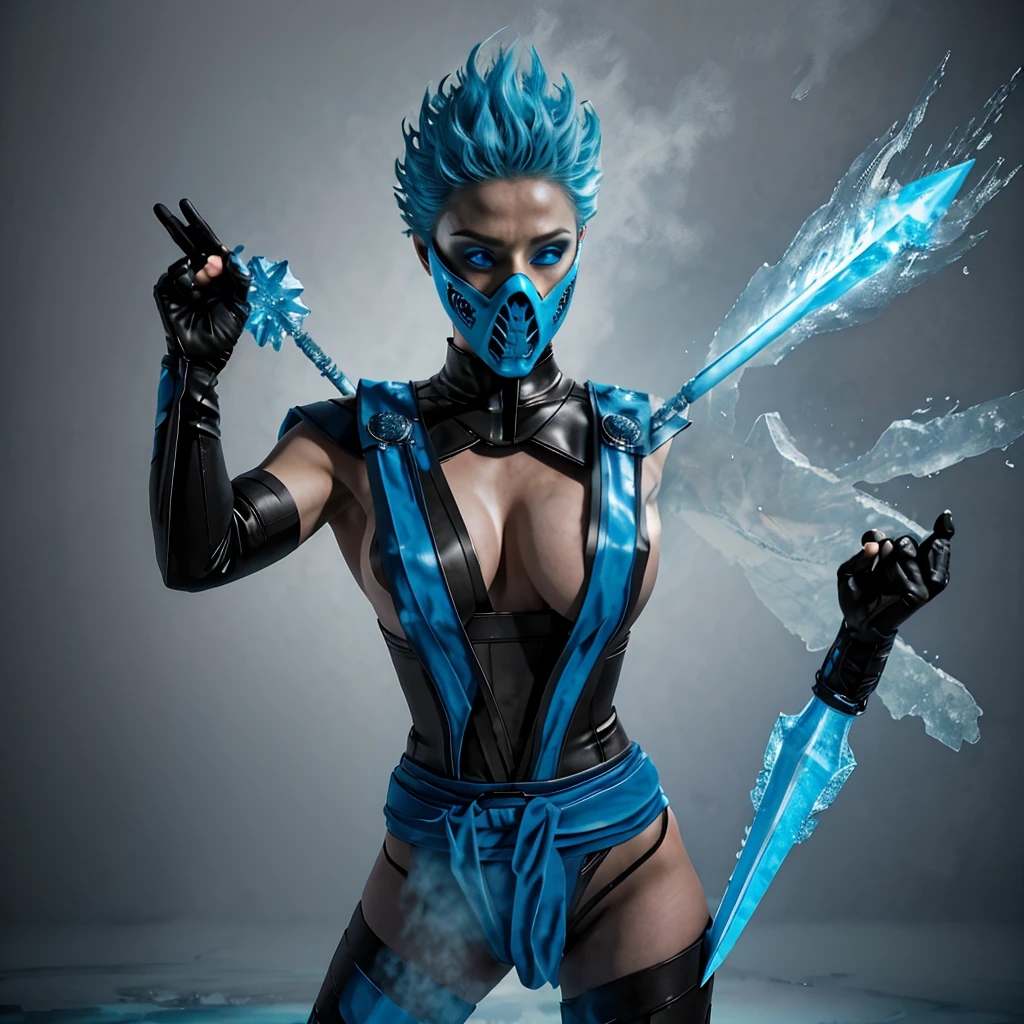 Frost, blue hair,  blue eyes, solo, standing, close up, short hair up, spiked hair,covered nipples, 
FroNin, mask,  fingerless elbow gloves, ,bodysuit ,thighhighs, black footwear, heels, pelvic curtain, stars,typical  blue martial arts uniform, arm and leg guards, an icy blue mask, wielding an ice sword, icy background particles,icy waves, stunning detailed background, icy steam from hands, icy steam from mask, icy steam from suit,((complex background))
(insanely detailed, beautiful detailed face, masterpiece, best quality) a black jumpsuit with attached blue tabard and belt and printed armour detailing on the shins and arms, icy weapons, dynamic pose, midriff, snowflakes,ice, 

Ben Bauchau, Michael Garmash, Daniel F
Gerhartz, Clint Cearley, Carne Griffiths, Jean Baptiste
Monge, strybk style, warm dreamy lighting, matte
background, volumetric lighting, pulp adventure
style, fluid acrylic, dynamic gradients, bold color,
illustration, highly detailed, simple, smooth and clean
vector curves, vector art, smooth, johan grenier,
character design, 3d shadowing, fanbox, cinematic.
ornate motifs, elegant organic framing, hyperrealism
posterized, masterpiece collection, bright lush colors.
TXAA, penumbra, abstract minimalism, wet gouache


, FROST, FRONIN,