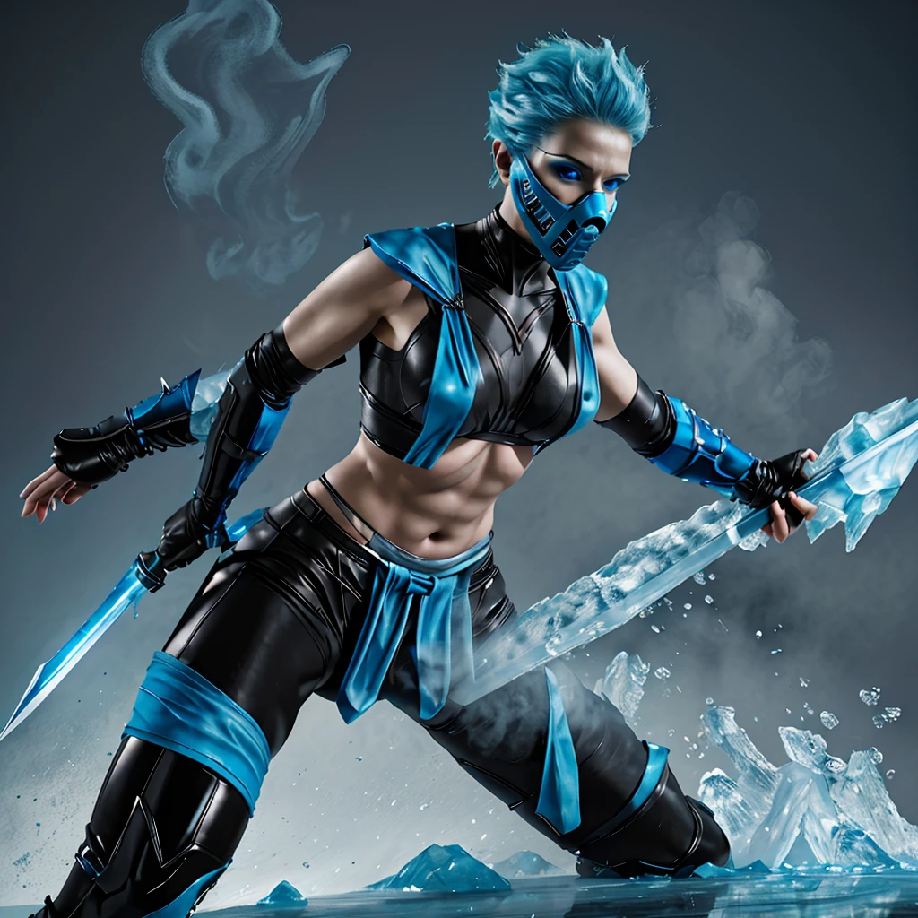 Frost, blue hair,  blue eyes, solo, standing, close up, short hair up, spiked hair,covered nipples, 
FroNin, mask,  fingerless elbow gloves, ,bodysuit ,thighhighs, black footwear, heels, pelvic curtain, stars,typical  blue martial arts uniform, arm and leg guards, an icy blue mask, wielding an ice sword, icy background particles,icy waves, stunning detailed background, icy steam from hands, icy steam from mask, icy steam from suit,((complex background))
(insanely detailed, beautiful detailed face, masterpiece, best quality) a black jumpsuit with attached blue tabard and belt and printed armour detailing on the shins and arms, icy weapons, dynamic pose, midriff, snowflakes,ice, 

Ben Bauchau, Michael Garmash, Daniel F
Gerhartz, Clint Cearley, Carne Griffiths, Jean Baptiste
Monge, strybk style, warm dreamy lighting, matte
background, volumetric lighting, pulp adventure
style, fluid acrylic, dynamic gradients, bold color,
illustration, highly detailed, simple, smooth and clean
vector curves, vector art, smooth, johan grenier,
character design, 3d shadowing, fanbox, cinematic.
ornate motifs, elegant organic framing, hyperrealism
posterized, masterpiece collection, bright lush colors.
TXAA, penumbra, abstract minimalism, wet gouache


, FROST, FRONIN,