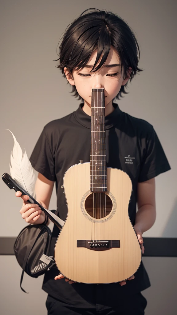 A minimal, modern, simple, cinematic logotype for the brand “Penamemoria". The logotype must be a simple, magical feather and a boy playing acoustic guitar. The logo must convey a sense of music, stories and dreams. Logo design impressed on a book cover. Minimalistic logo
