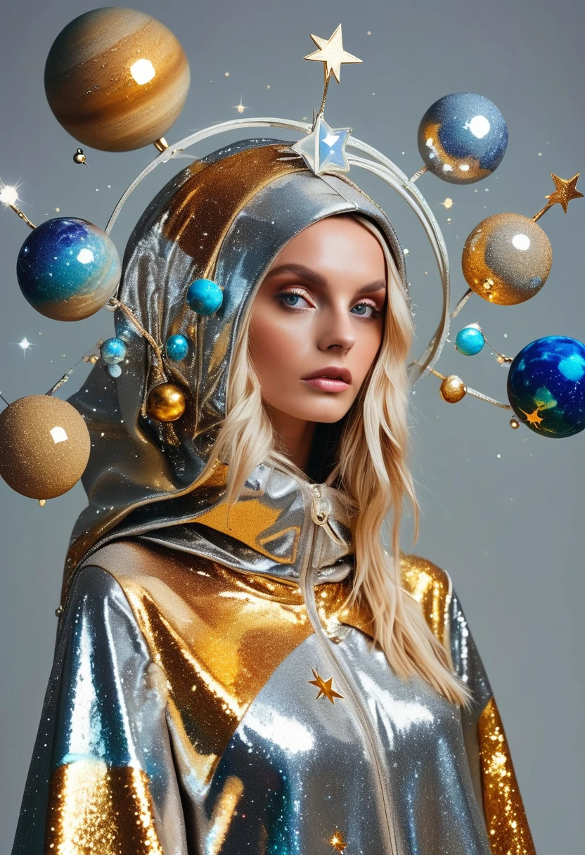 fashion photography of a blonde woman wearing an outfit made out of planets, wearing a big silver and gold hood with crystals on the ends that look like stars. The headpiece features planets in a sparkly, glittery style