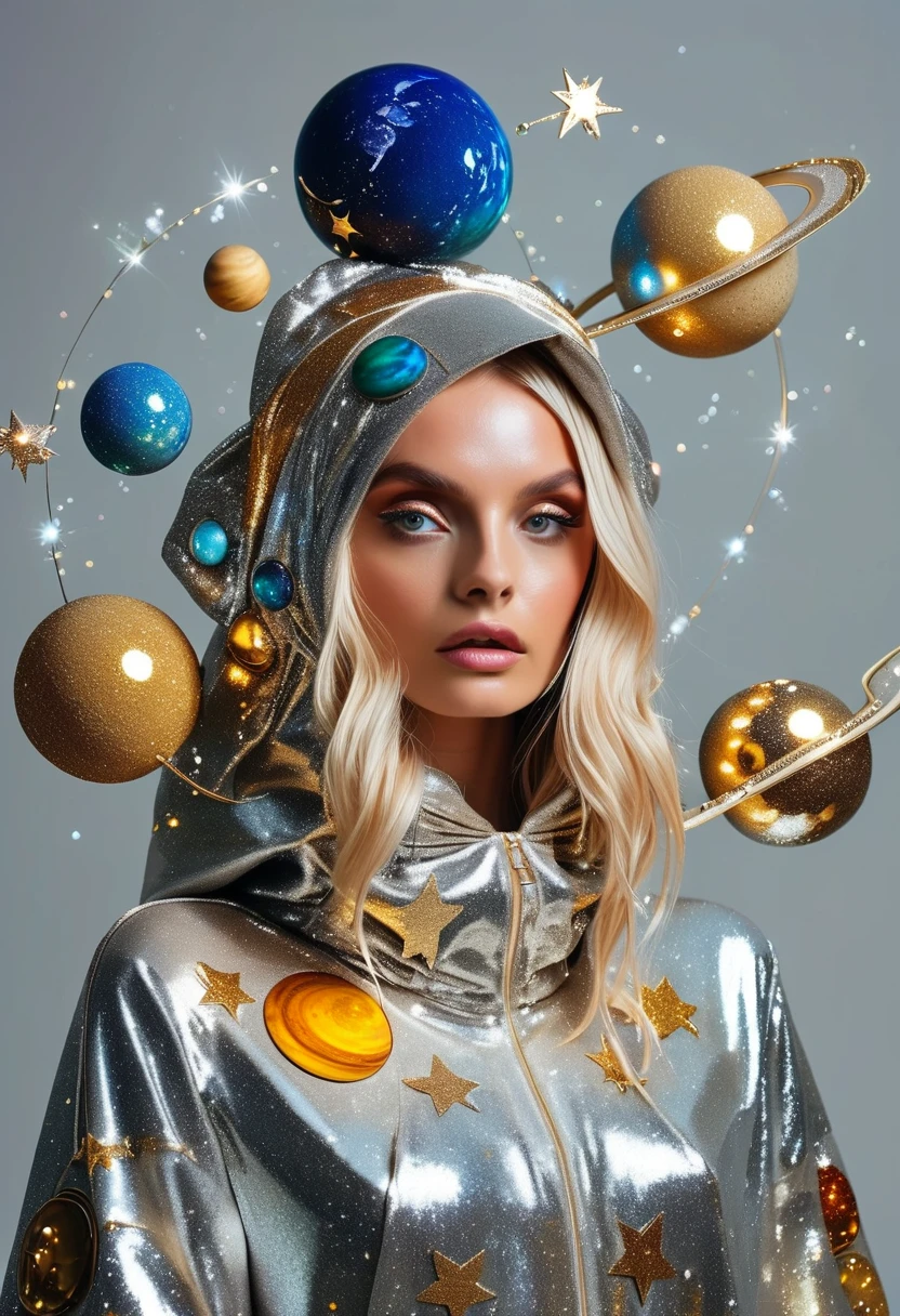 fashion photography of a blonde woman wearing an outfit made out of planets, wearing a big silver and gold hood with crystals on the ends that look like stars. The headpiece features planets in a sparkly, glittery style