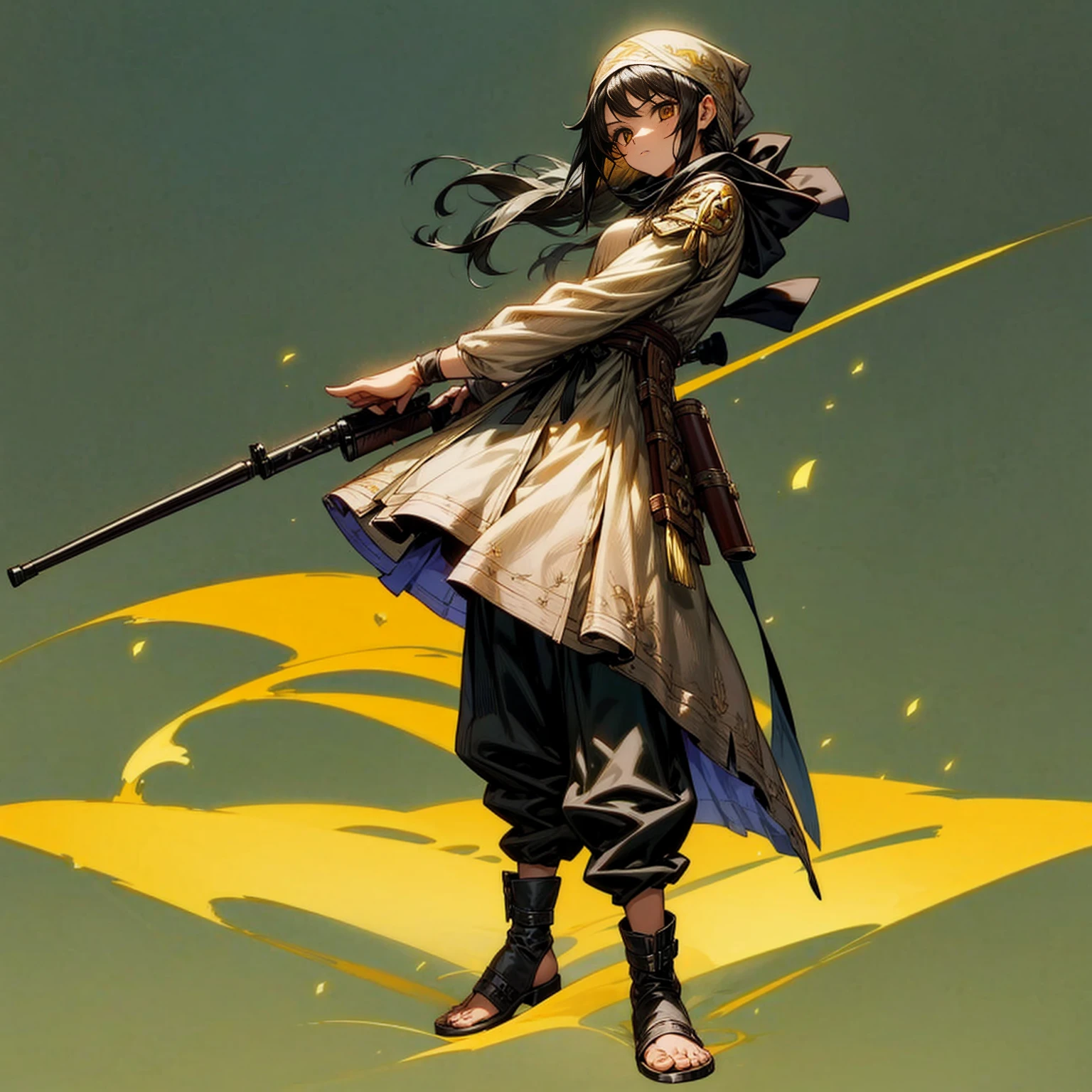 1girl, Full body version, 1character, adult version, gold eyes color, long haircut, black colour hair, bandana, medieval style clothing, shotgun in hand, Grassroots, background in town, motion blur, (Hunter x Hunter style), standing gesture, gun weapon