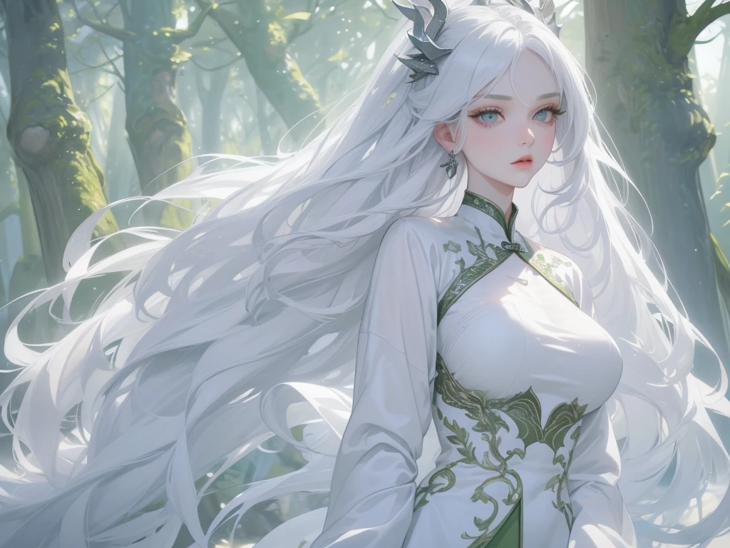 (rosto angelical), work of art, best qualityer, ultra epic details, long white hair, ( white eyelashes ) , (gray eyes), greatsword, surrounded by a large and long green Chinese mythological dragon, white stockings, white outfit, (forest in the background), gorgeous face, ((well-detailed face)), (( fully body ))