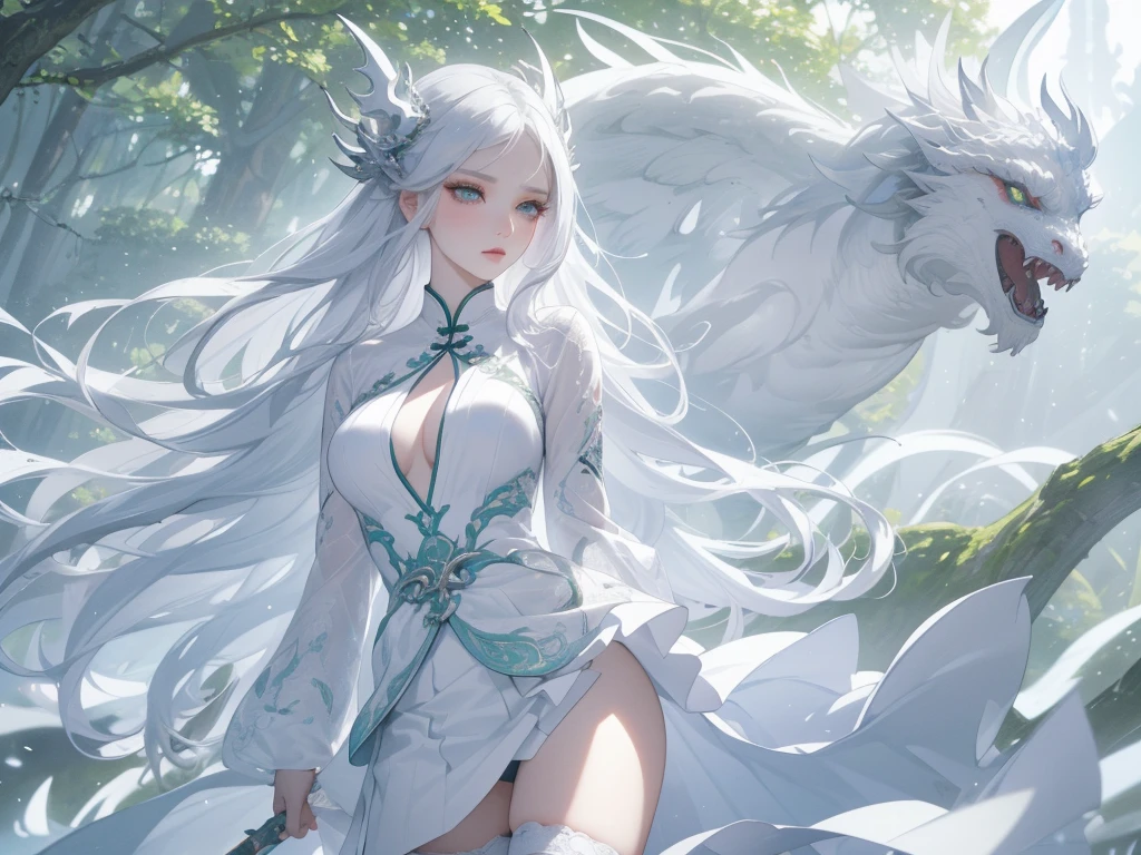 Official Art, Unity,8k wallpaper, Correct Anatomy，Very detailedな, Beautiful yet fleeting、((Two horns growing from the head))Japan、beautiful, masterpiece,((One Woman)) Highest quality,White flower, ((Large Breasts))Flower Ecstasy, Very detailed, Light blue hair、((Randomly々Angle))Dynamic Angle, ((Yamato), ((beautifulウェディングドレス))The most beautiful form of chaos, ((Slim body)).elegant, Vibrant colors,((wedding)) Romanticism, James Jean, Robbie Dawi Anton, Ross Tran, Francis Bacon, It was very cold, Petra Cortright, Gerhard Richter, takato yamamoto, Ashley Wood, Atmospheric,((smile),((White Wolf))