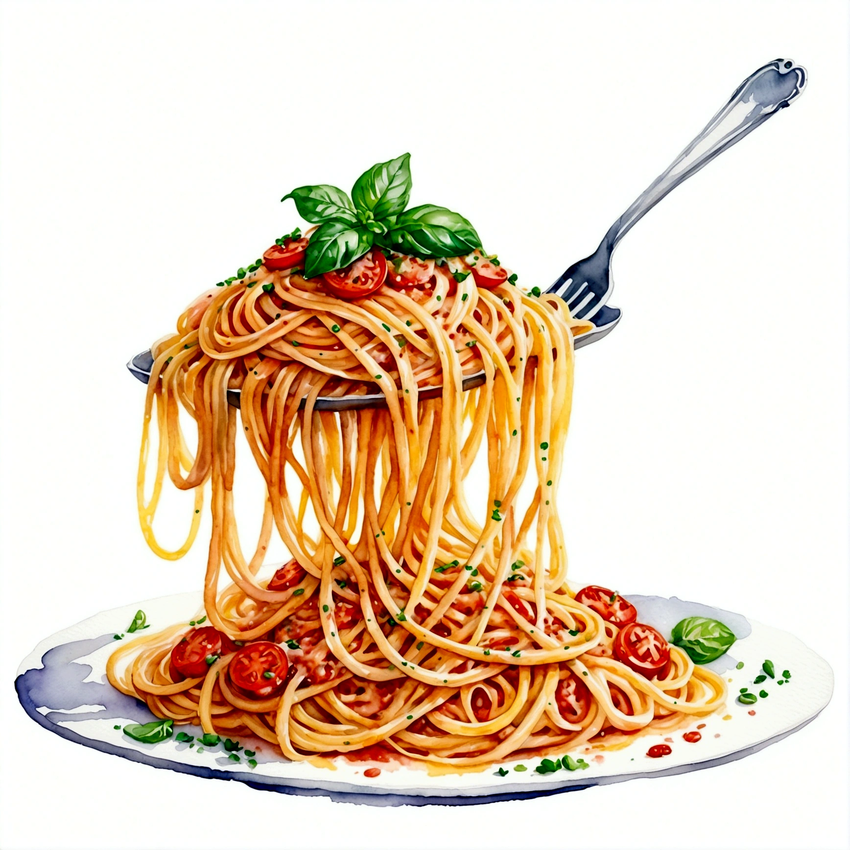 there is a huge extremely delicious spaghetti, (watercolor), illustration, isolated with solid white background, surrounded with negative space, centered compositon, 8k, highly detailed painting, very precise painting, Isolated, clear brilliant white background, perspective angle of view