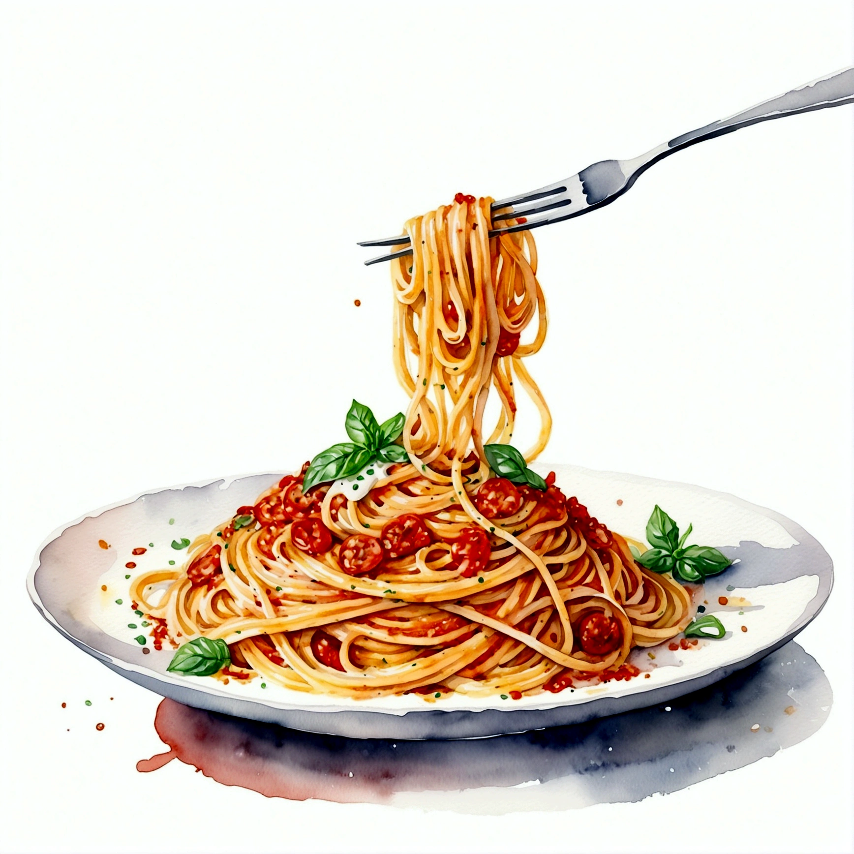 there is a huge extremely delicious spaghetti, (watercolor), illustration, isolated with solid white background, surrounded with negative space, centered compositon, 8k, highly detailed painting, very precise painting, Isolated, clear brilliant white background, perspective angle of view