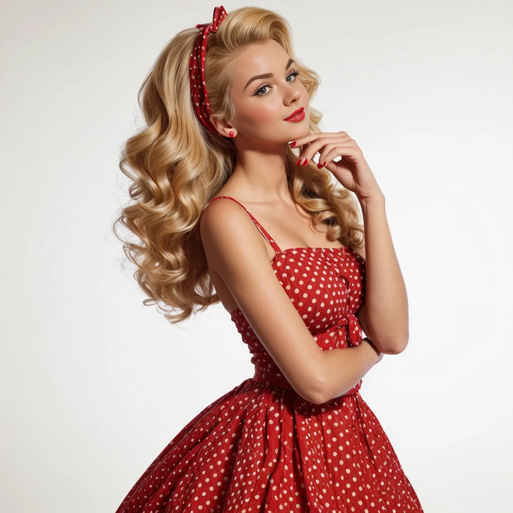 blonde pin-up girl holding hand near chin looking up thoughtfully, full length in red dress with large polka dots, wavy short pin-up hairstyle with red bandana, dynamic pose curved waist, professional shot, super realism, white background