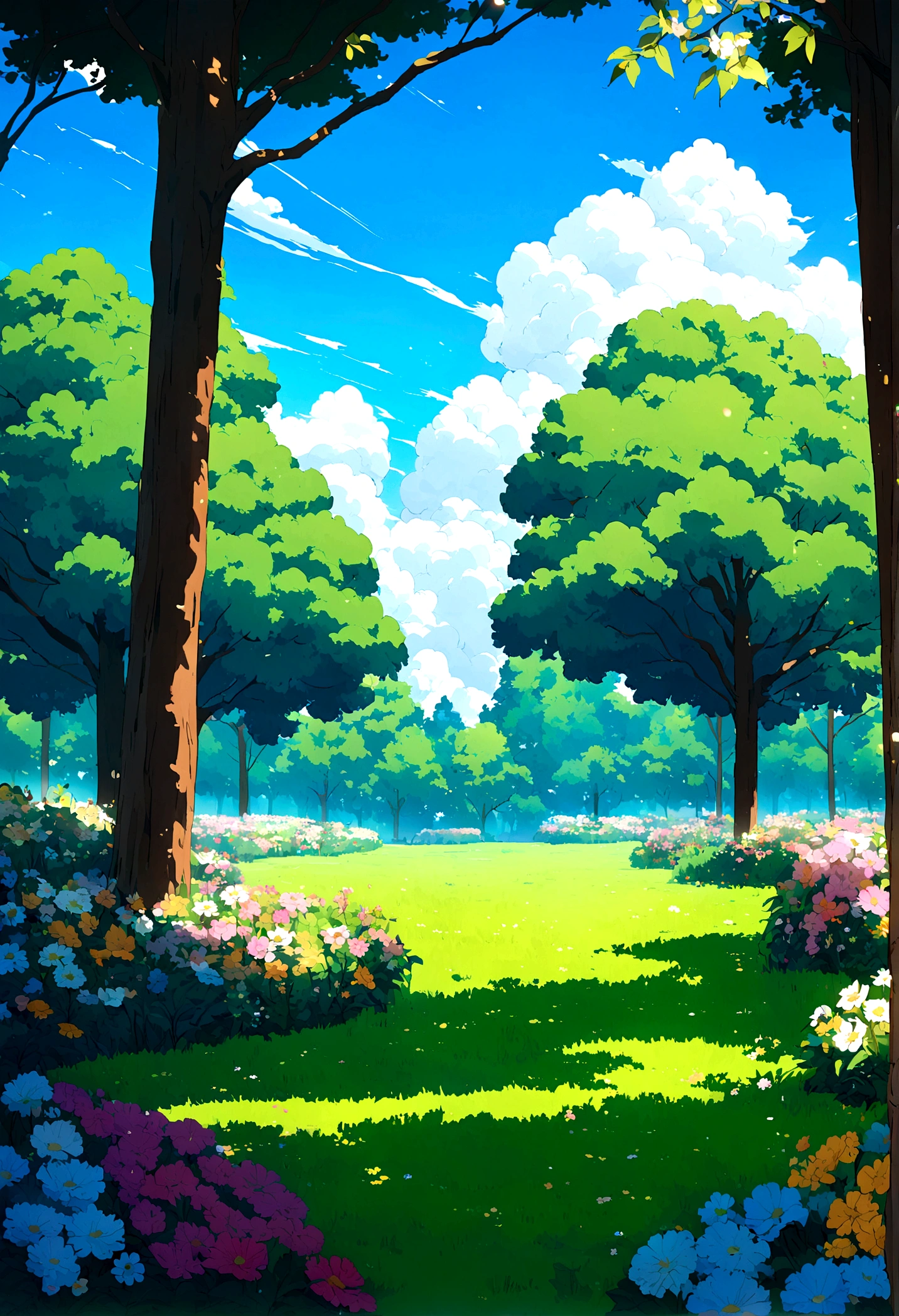 park, peaceful, anime style, lush green lawn, tall leafy trees, sunlight filtering through leaves, small patch of flowers, clear blue sky, fluffy white clouds, daytime