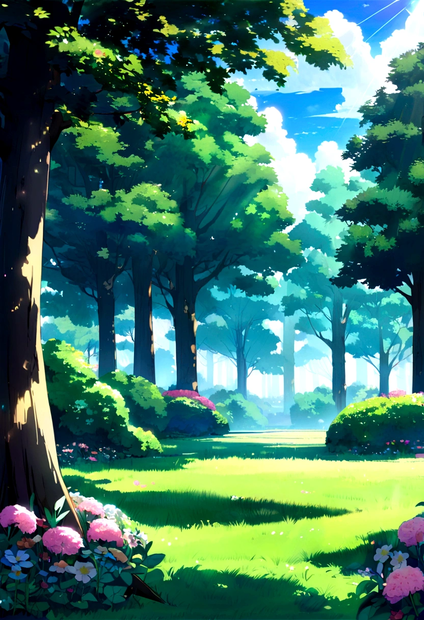 park, peaceful, anime style, lush green lawn, tall leafy trees, sunlight filtering through leaves, small patch of flowers, clear blue sky, fluffy white clouds, daytime