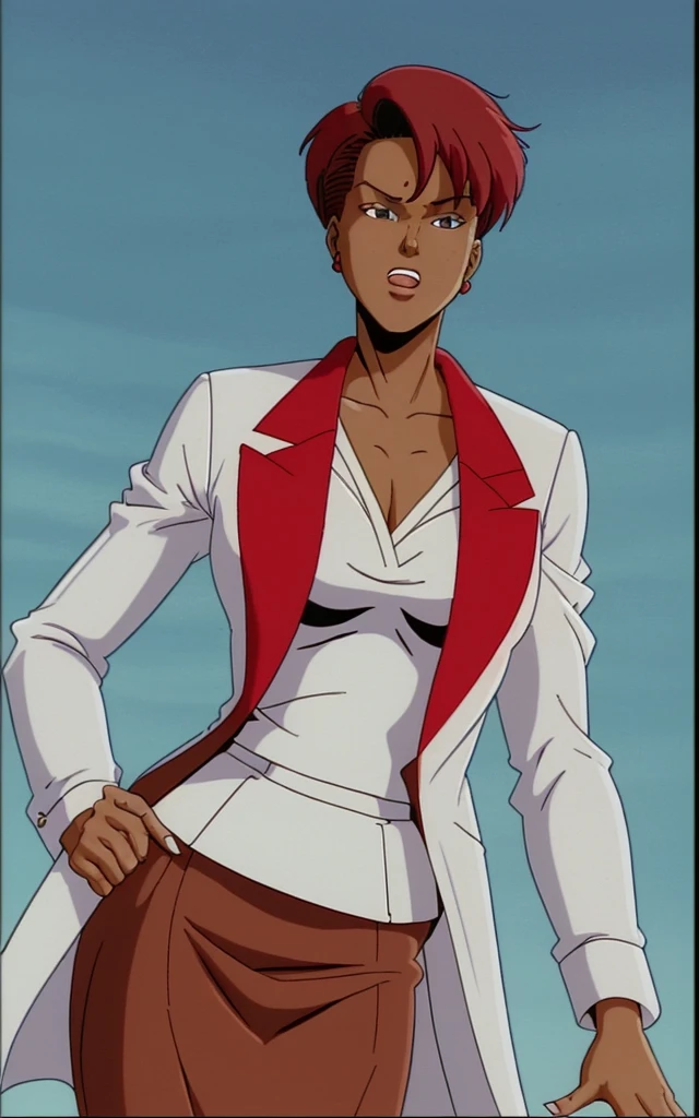 90s anime  black skinned business woman in a white blouse , red skirt and long red blazer 