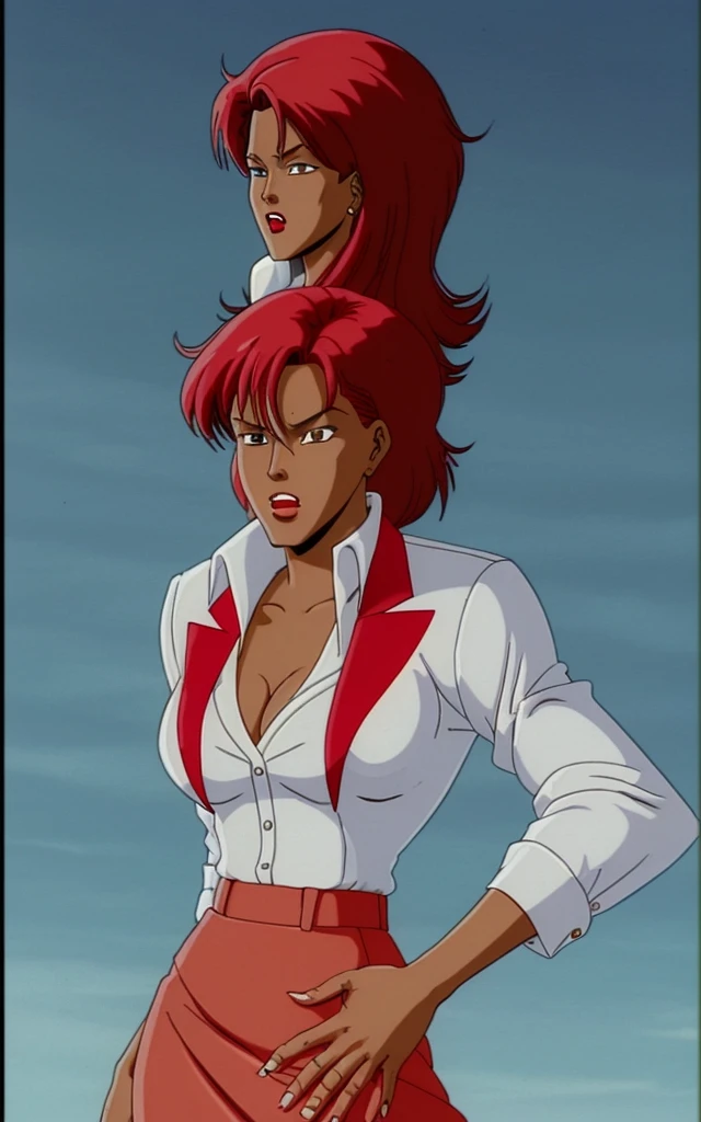 90s anime  black skinned business woman in a white blouse , red skirt and long red blazer 