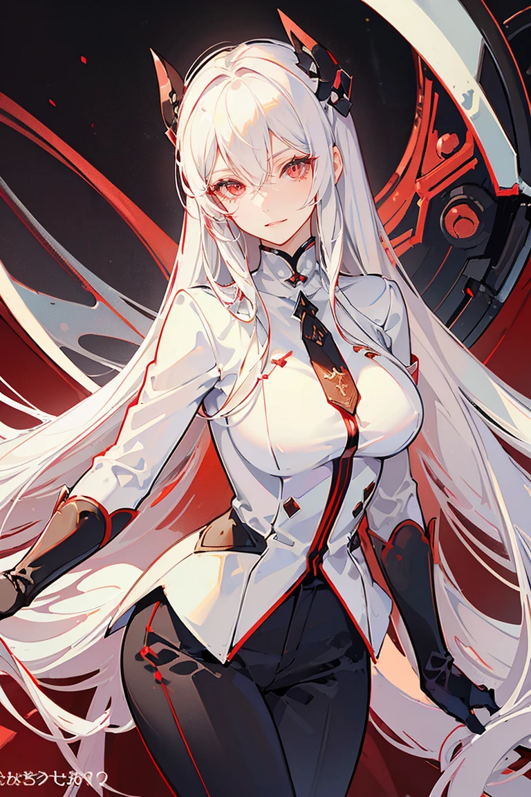 (masterpiece), best quality, seductive eyes, mature face, beautiful woman, red eyes, long white hair with bangs, long eyelashes, white turtleneck, black pants, big breast, anime cover, 1girl, smug face
