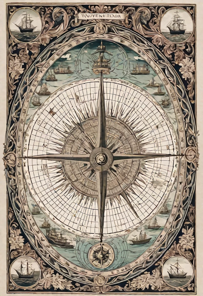 Ancient European Navigation Main Picture Cover,Complex borders,The ship's wave-breaking form,Dark brown hue,Retro Style,The European Age of Exploration,Old Art