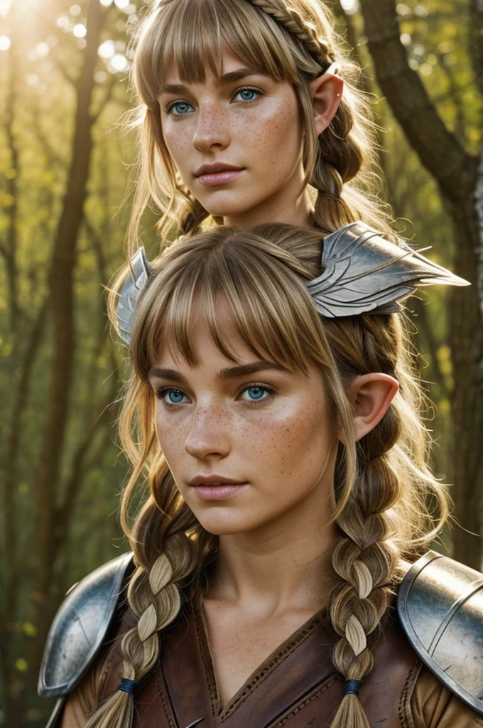 Half elf druid from dnd, sun bleached hair, freckles, hazel eyes, light leather armor, bangs, two braids, with a bird