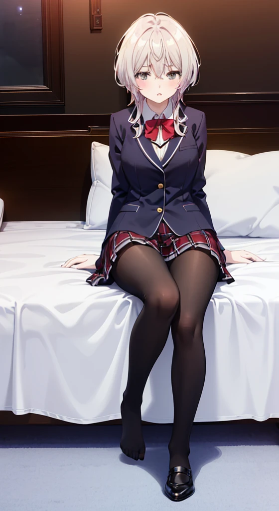 best, masterpiece, high resolution, (full body view from head to toe), composition from the front and slightly below, symmetrical composition, composition with precise balance throughout the body, 18 years old, slim and beautiful girl, alone , (medium breasts turning to large), (With big thighs and big ass), (((no shoes))),messy hair, bangs, (black stockings), (black pantyhose), (lying on bed), ( Stretched legs posture), (mouth open with pained expression), blush, big, shy eyes, looking at camera, blazer uniform, plaid pleated skirt, bedroom, interior, Fuka Kikuchi