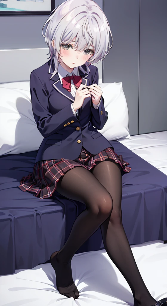 best, masterpiece, high resolution, (full body view from head to toe), composition from the front and slightly below, symmetrical composition, composition with precise balance throughout the body, 18 years old, slim and beautiful girl, alone , (medium breasts turning to large), (With big thighs and big ass), (((no shoes))),messy hair, bangs, (black stockings), (black pantyhose), (lying on bed), ( Stretched legs posture), (mouth open with pained expression), blush, big, shy eyes, looking at camera, blazer uniform, plaid pleated skirt, bedroom, interior, Fuka Kikuchi