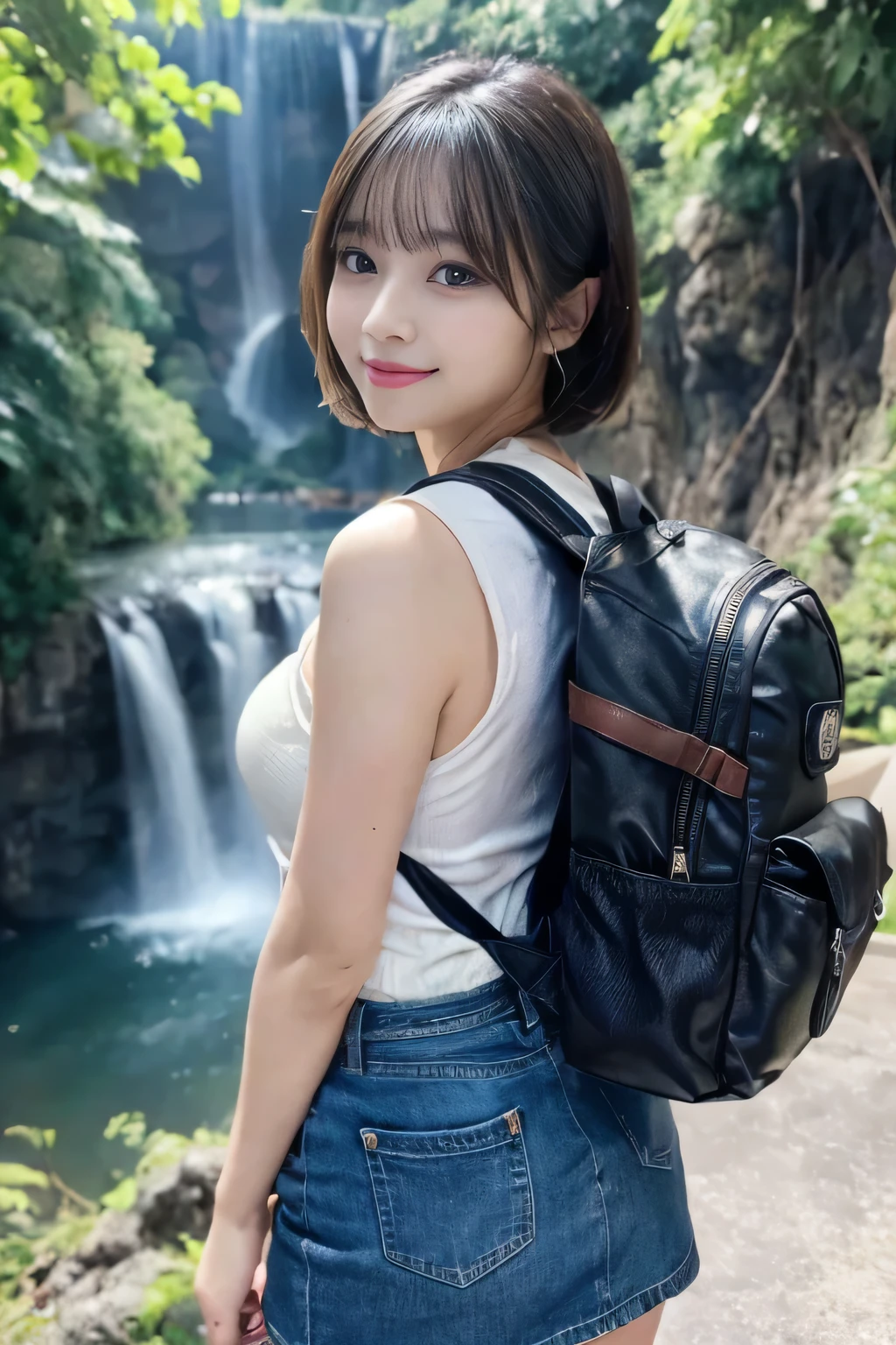 (8k, RAW photo, best quality, masterpiece, ultra detailed, beautiful:1.2), (realistic, photo-realistic:1.5), sharp focus, SIGMA 85mm f/1.4., depth of field, blur background, bokeh, cinematic, soft light, cinematic
extremely cute 1 Japanese actress, 22 years old, detailed pale skin, detailed face, detailed brown eyes, large breasts, A big smile, looking at viewer, (extremely close up, doggystyle, reaching out , Great style butt: 1.3), short straight black hair, Denim skirt, Beautiful long legs, High heel sandals, (sideboob:1.2),(underboob:1.1), (Backpack for mountain climbing:1.3), sweat on skin, (hiking, walking :1.4), (Nabegataki Falls in Kumamoto:1.2), sunny