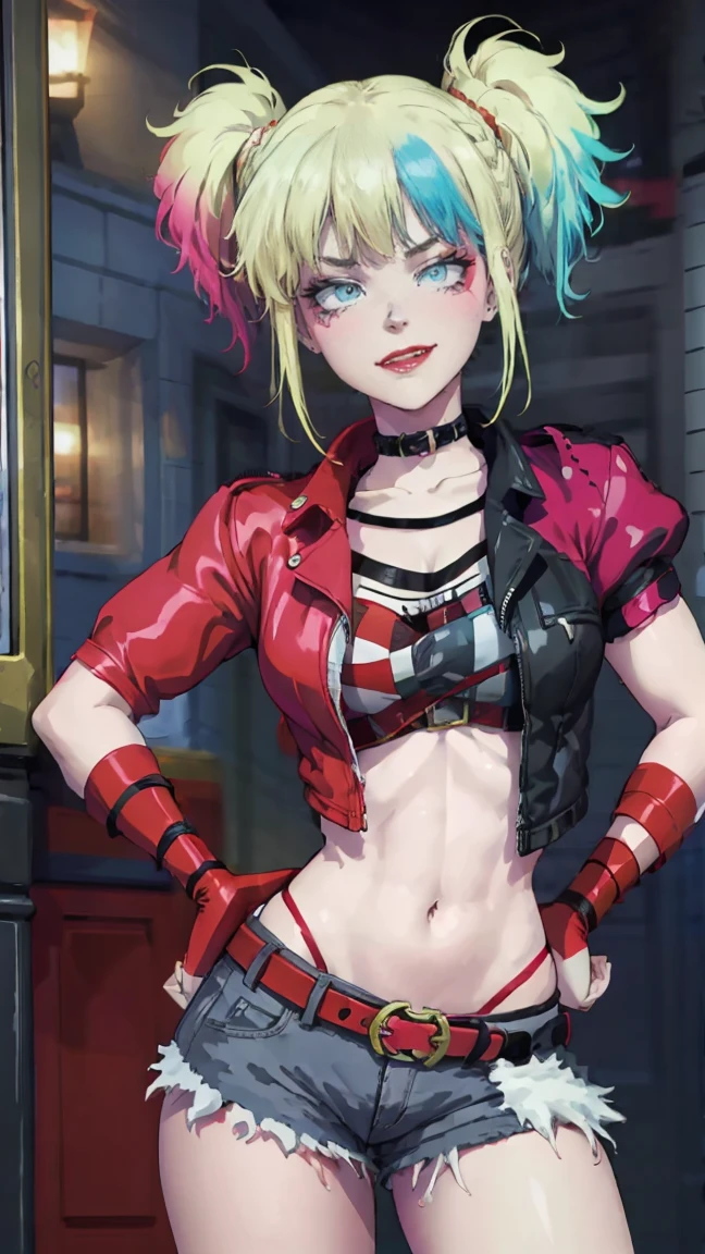 masterpiece, Best quality, A high resolution, 1 girl, hair braided in two short ponytails, very detailed eyes, Fine detail, Correct anatomy 1.1., Harley Quinn from Suicide Squad, open jacket with short sleeves shorts studded belt mesh belt chain gloves bracelet hand on hip, smile, woman, adult girl, real photos、smile, tmasterpiece, (pink kimono), seductive face, Ideal girl, perfect details, Ultra HD |, 8 k, professional photo, anime style,