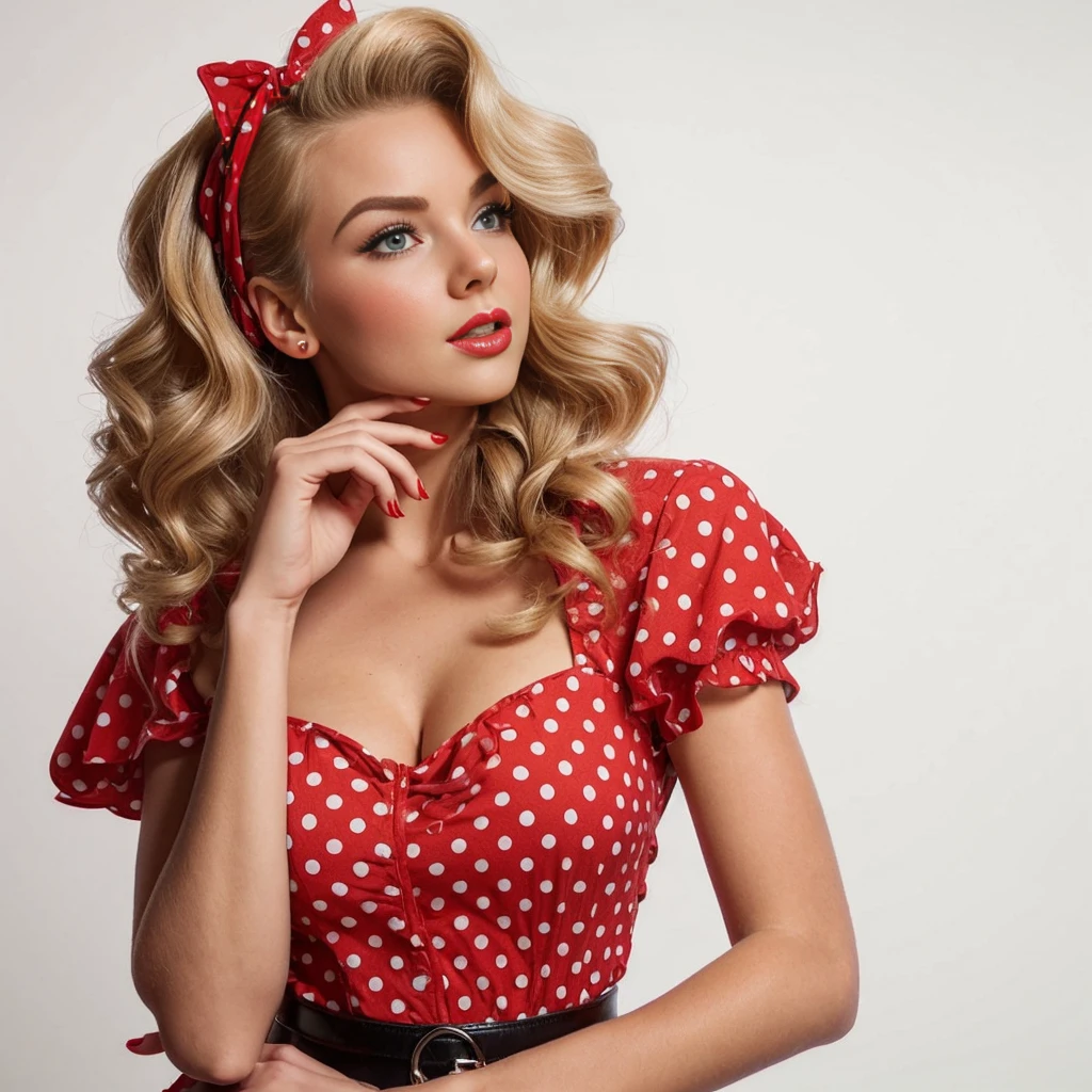 blonde pin-up girl holding hand near chin looking up thoughtfully, full length in red dress with large polka dots, wavy short pin-up hairstyle with red bandana, dynamic pose curved waist, professional shot, super realism, white background