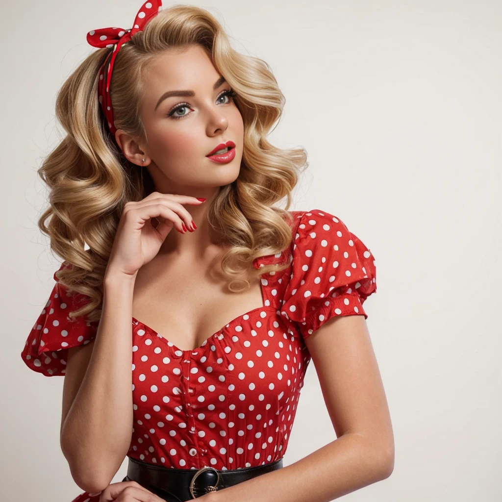 blonde pin-up girl holding hand near chin looking up thoughtfully, full length in red dress with large polka dots, wavy short pin-up hairstyle with red bandana, dynamic pose curved waist, professional shot, super realism, white background