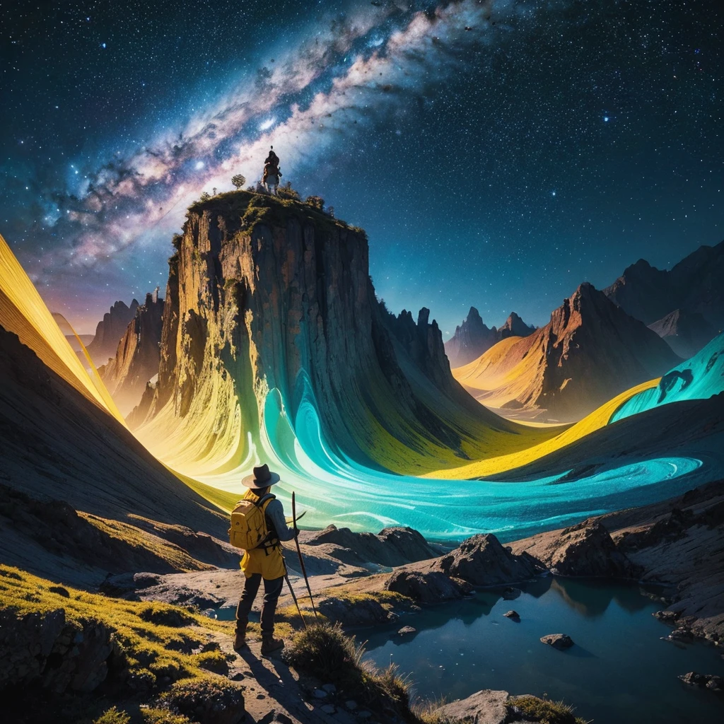 Generate an image of an adventurer man wearing yellow clothes and holding a paintbrush and palette. Equip him with an adventurer-like hat and backpack, adding to his adventurous appearance. Set him in an unconventional and fantastical world, such as a surreal dreamscape where colors swirl and merge into fantastic shapes, or a cosmic landscape where stars and galaxies become part of his artistic canvas. Infuse the image with elements of wonder and creativity, showcasing his adventurous spirit and artistic vision in a unique and captivating environment. Capture the essence of exploration and imagination, creating a visually stunning and imaginative scene.