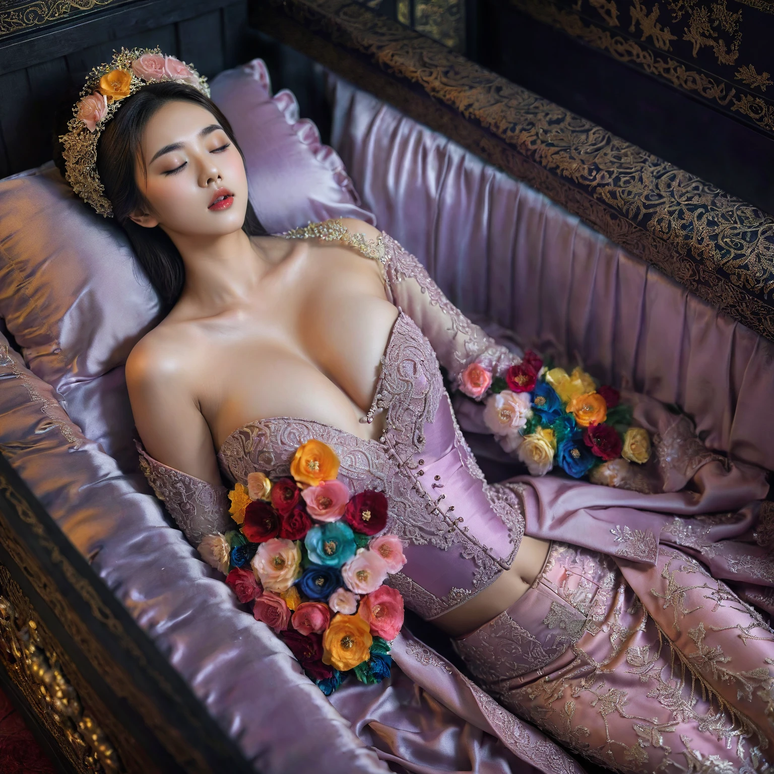 In a striking 8K HDR scene, a stunning Korean woman, 22 years old, lies peacefully in a black coffin surrounded by plush pillows. The deep box is set against a rich black background, accentuating the beauty of the subject. Her exquisite kebaya attire is embroidered with superb detail, showcasing her round and firm breasts, perfect cleavage, and beautiful eyebrows. Her closed eyes and mouth give an air of serenity, while her visible and absolute cleavage leave nothing to imagination. The scene is bathed in saturated colors, highlighting every intricate aspect from the ball skirt to her clean face.