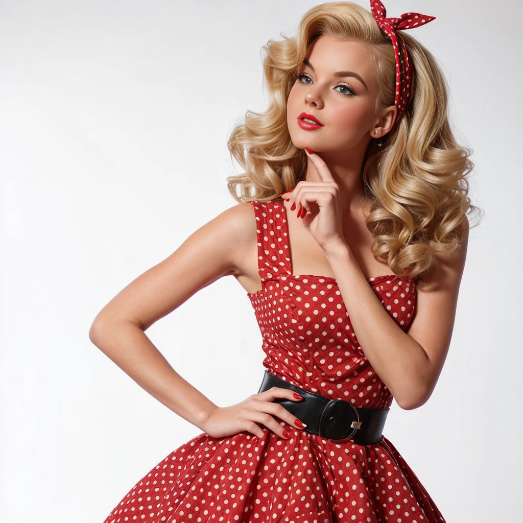 blonde pin-up girl holding hand near chin looking up thoughtfully, full length in red dress with large polka dots, wavy short pin-up hairstyle with red bandana, dynamic pose curved waist, professional shot, super realism, white background