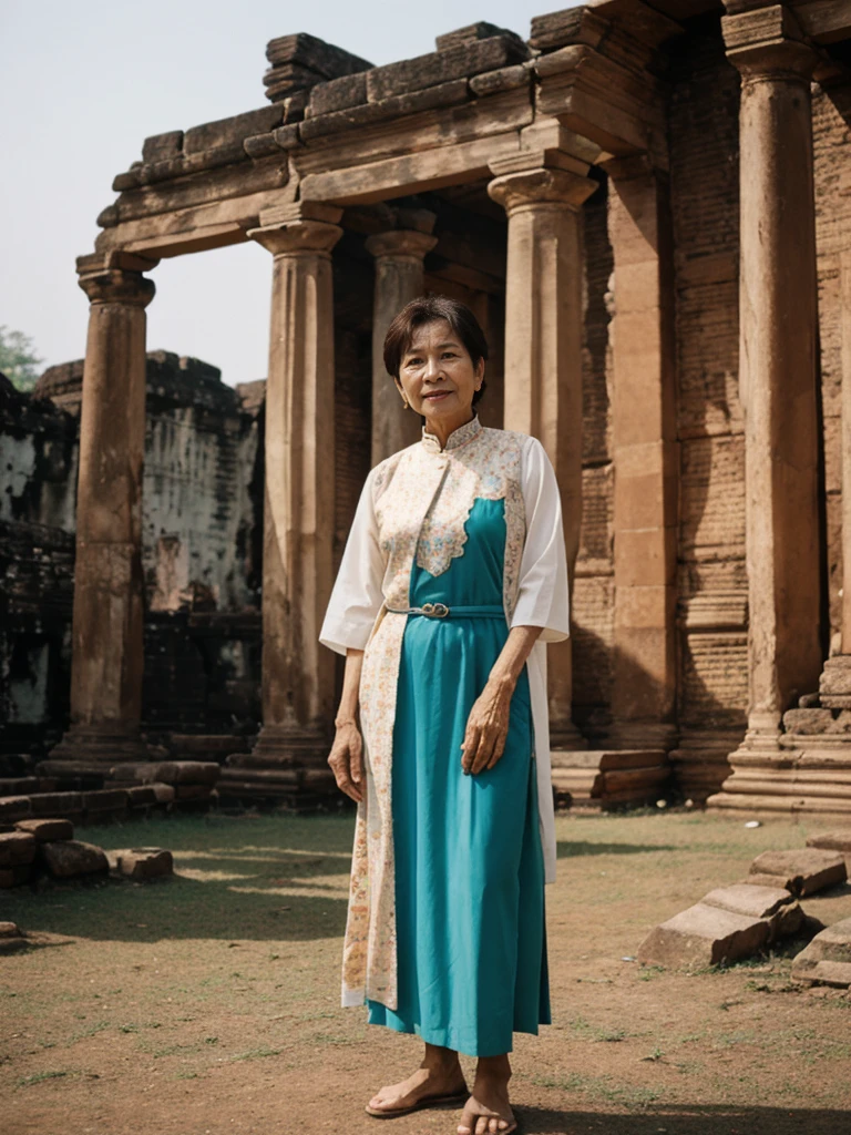 Khin Than Nu, RAW PHOTO, her name is Chariya, high quality, 1 old woman, ((58-year-old slim THAI woman)), (((58 years old))), ((slim body)), ((wrinkled body)), (((old body))), (((short hair))), she is wearing a fashionable stylish Generation X wear different colors, POSE: standing, BREAK, BACKGROUND: outdoor, Amidst the ancient ruins of Ayutthaya, film grain