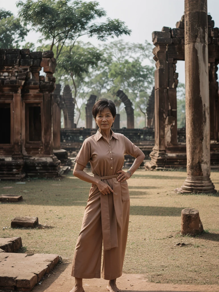 Khin Than Nu, RAW PHOTO, her name is Chariya, high quality, 1 old woman, ((58-year-old slim THAI woman)), (((58 years old))), ((slim body)), ((wrinkled body)), (((old body))), (((short hair))), she is wearing a fashionable stylish Generation X wear different colors, POSE: standing, BREAK, BACKGROUND: outdoor, Amidst the ancient ruins of Ayutthaya, film grain