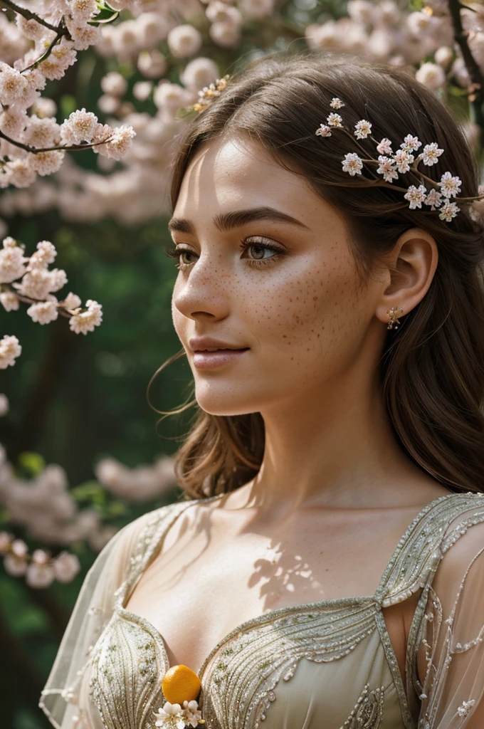 Critically acclaimed, masterwork, (crisp detail:1.2) enigmatic Gaia figure (beside a fruiting tree:1.1), (ethereal earth-toned dress intricately woven from blossoms:1.2), encompassed by (citrus fruits:1.1), rich contrasting shadows, (side profile close-up:1.1), nature goddess, gentle smile, whimsical enchanted woodland backdrop with scattered fruits, joyous ambiance, mesmerizing fantasy setting, (feline-inspired eye makeup:0.85), (wide expressive eyes:1.0), magical forest surroundings, direct gaze at viewer, (subtle freckles:1.1), hint of décolletage, ultra-high resolution, (premium quality:1.2), shallow focus, soft background blur, ultra HD, high dynamic range