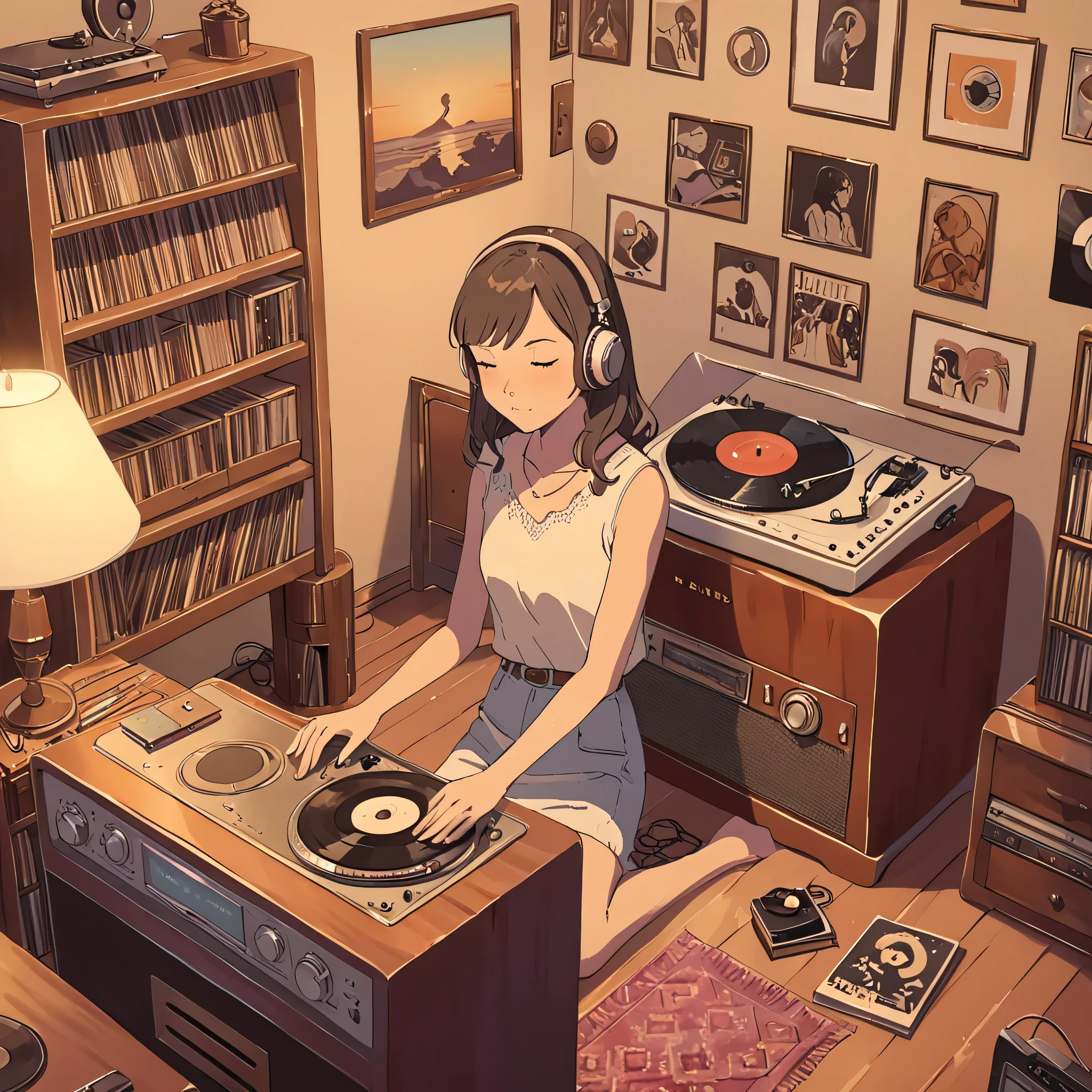 In a cozy room adorned with vintage decor, an anime girl sits comfortably beside a classic record player. The record player is a nostalgic piece, crafted from polished wood with intricate detailing and adorned with leather accents. Soft, warm light from a nearby lamp bathes the room, creating a tranquil ambiance. The girl, dressed in casual attire, wears headphones that are connected to the record player. Her eyes are closed, completely absorbed in the music emanating from the vinyl spinning gently on the turntable. Around her, shelves are lined with a collection of retro vinyl records, each one bearing the marks of a bygone era. The scene captures a moment of pure enjoyment and nostalgia as she immerses herself in the timeless melodies of the past